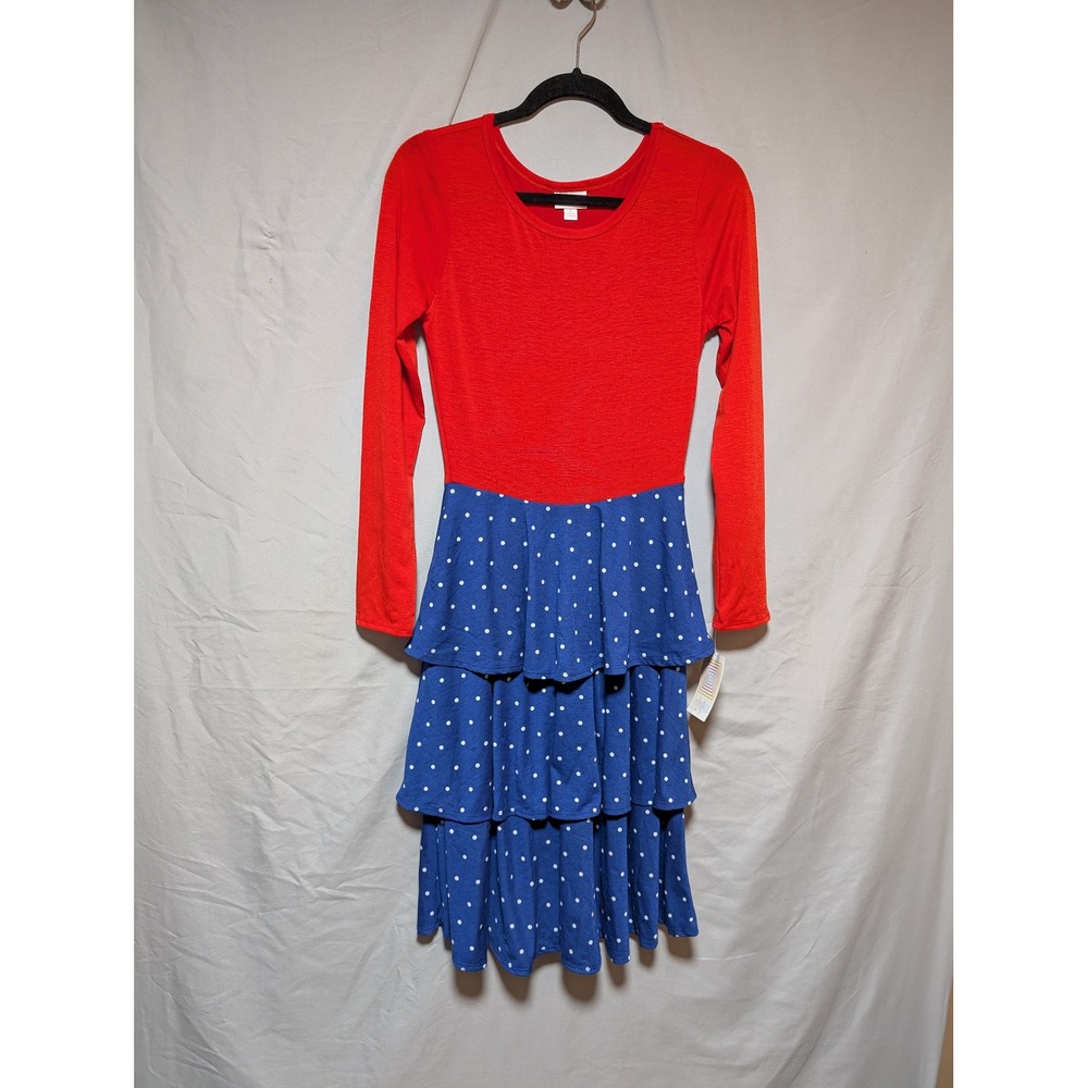 LuLaRoe Women's Red Blue Patriotic Polka Dot Tiered Midi Georgia Dress New Small
